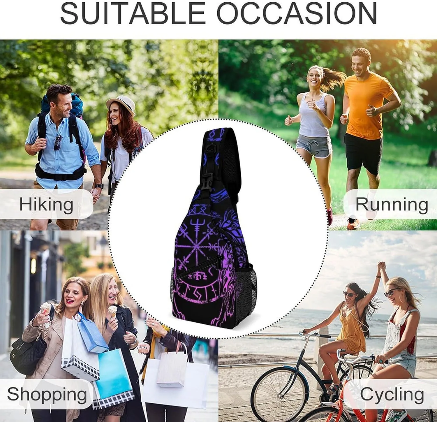 Casual Sling Bag Backpack, Rucksack, for Purple Blue Vikings Fenrirs Vegvisir Shoulder Crossbody Bag Chest Pack, Tool Backpak, Satchel Bookbags Travel Rucksack Daypack for Man/Women