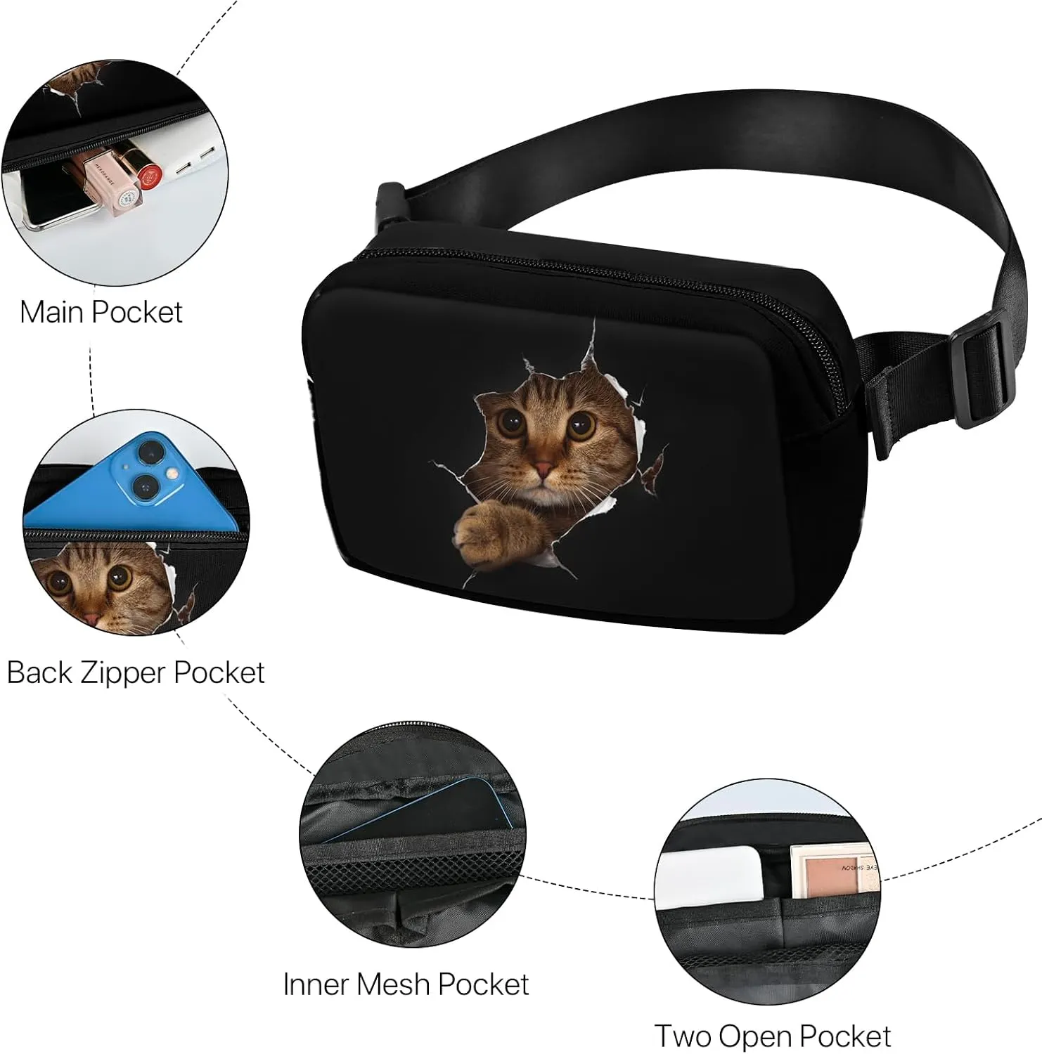 Cat Fanny Pack Travel Belt Bag Fashion Crossbody Bags for Women Waist Pack Lightweight with Adjustable Strap