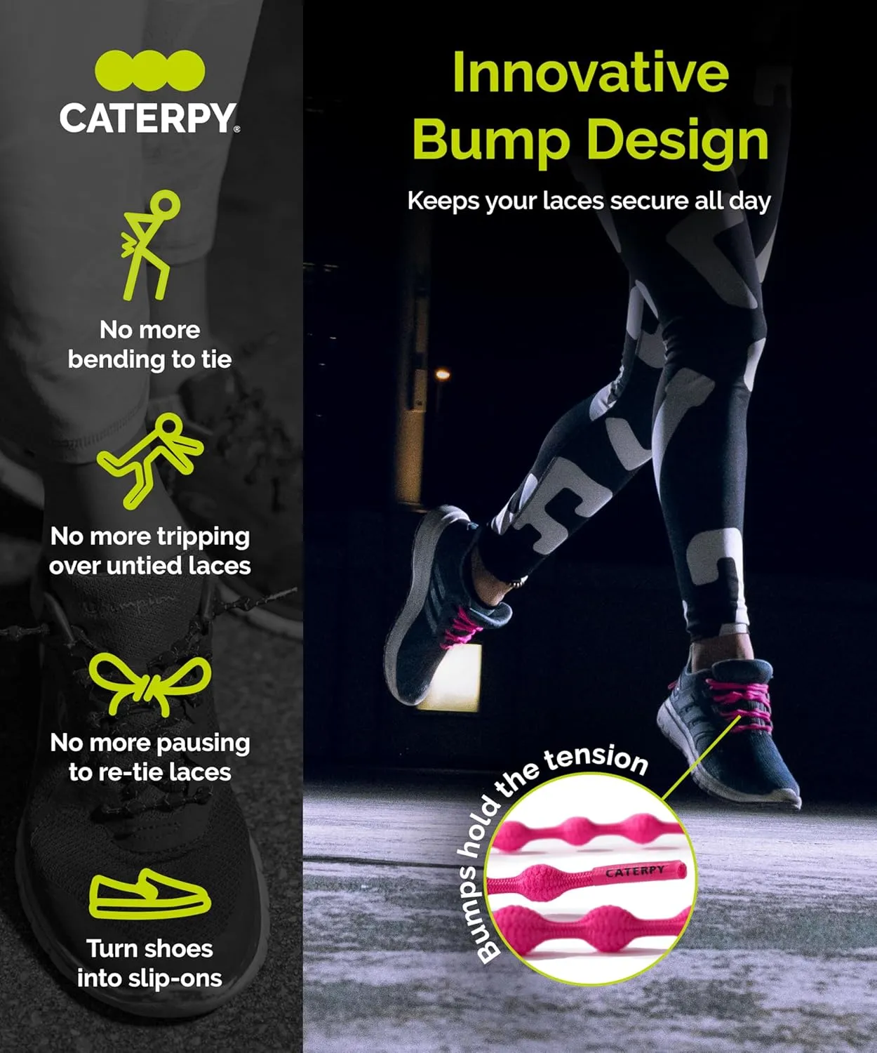 Caterpy Run - The Ultimate Elastic No Tie Shoelaces for Adults & Kids (3 & 6 Pack)
