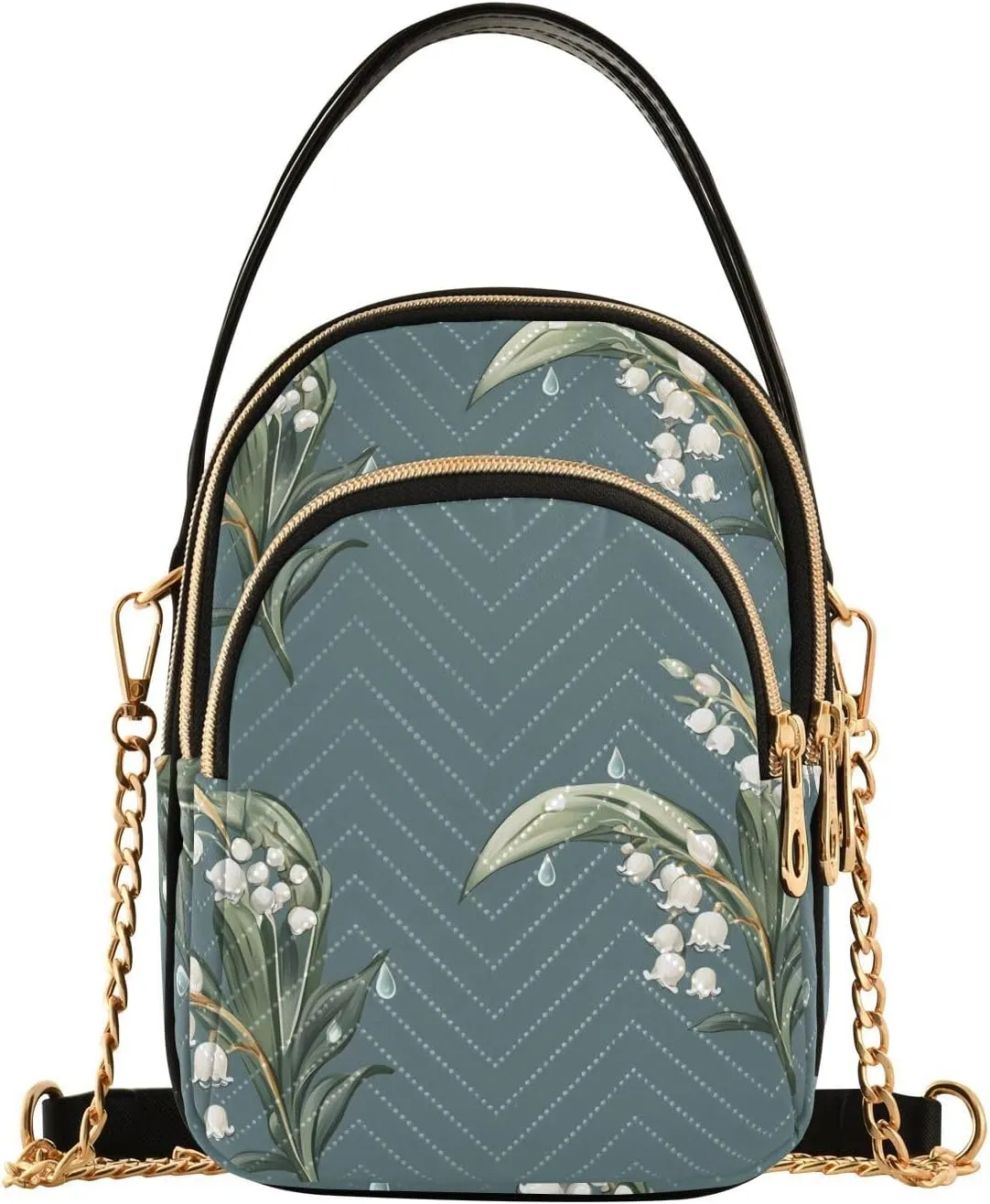 Chain Crossbody Bags for Women Raindrop Lily Pattern Flower Quilted Shoulder Handbags Travel Cross Body Cell Phone Purses Bags