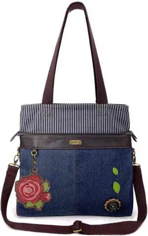 CHALA Denim Convertible Stripe Work Tote in Navy Blue (Coin Purse_ Red Rose)