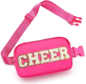 Cheer Bag Pink Fanny Pack for Girls Cheer Chenille Letter Bags,Travel Nylon Belt Bag for Cheerleader Girl Women Birthday Christmas Gift (CHEER Letter, Pink)