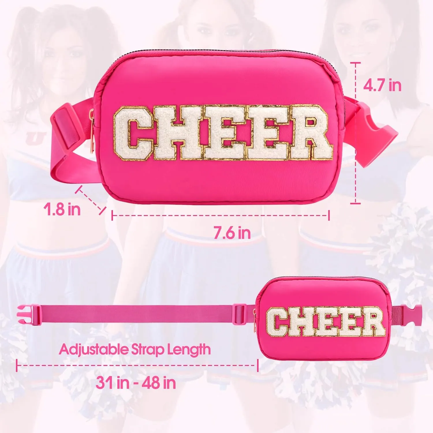Cheer Bag Pink Fanny Pack for Girls Cheer Chenille Letter Bags,Travel Nylon Belt Bag for Cheerleader Girl Women Birthday Christmas Gift (CHEER Letter, Pink)