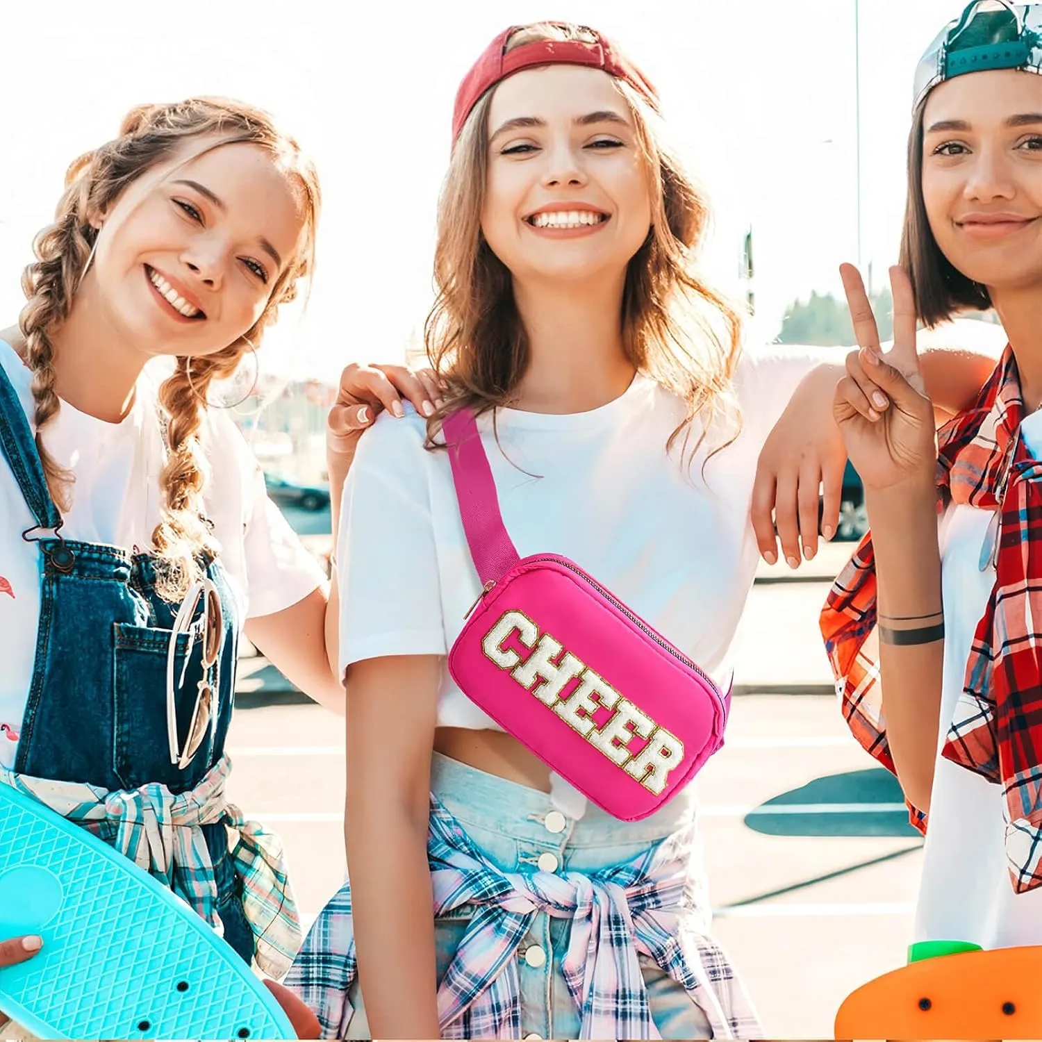 Cheer Bag Pink Fanny Pack for Girls Cheer Chenille Letter Bags,Travel Nylon Belt Bag for Cheerleader Girl Women Birthday Christmas Gift (CHEER Letter, Pink)