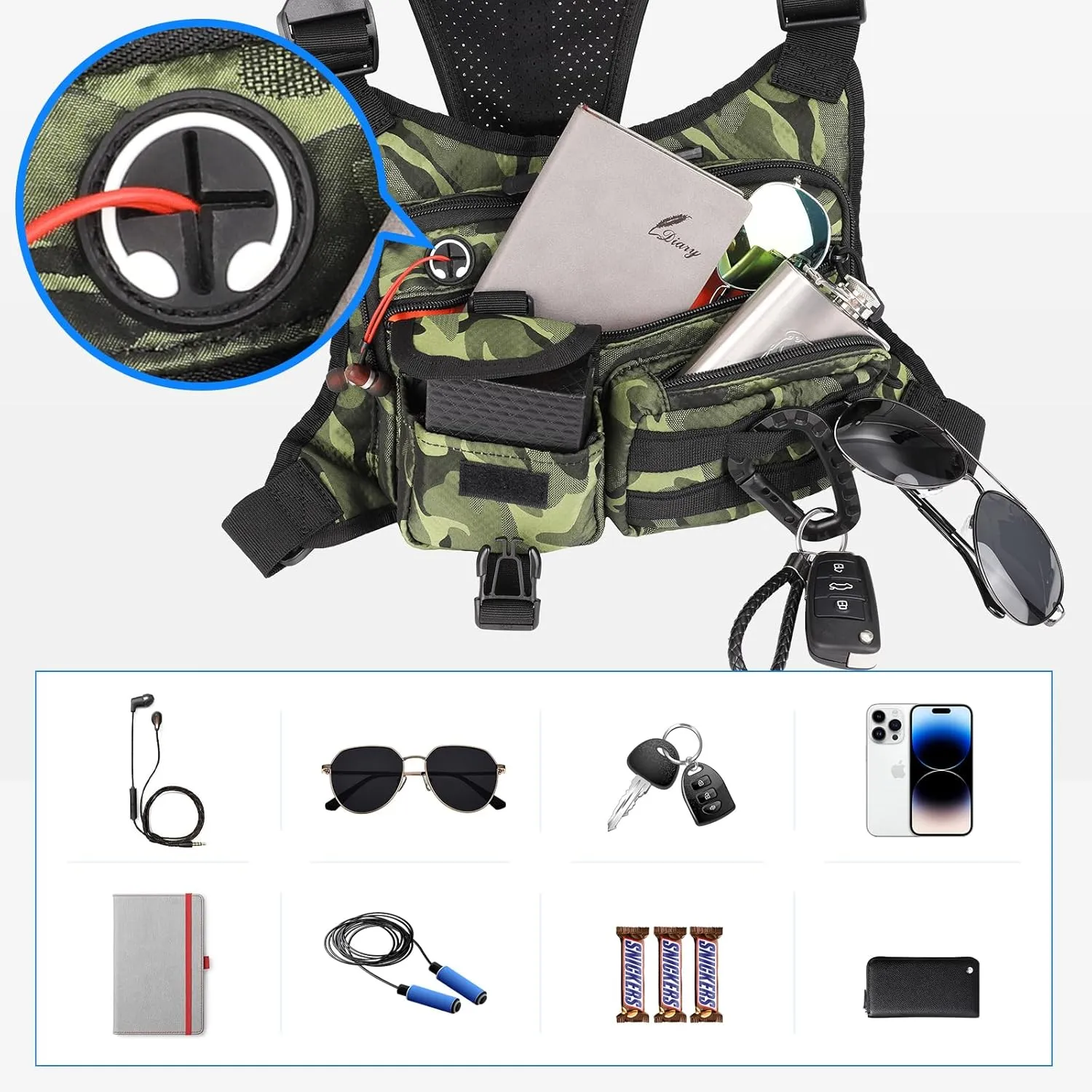 Chest Bag For Men, Tactical Inspired Sports Utility Chest Pack, EDC Pouch Bag With Built-In Phone Holder for Workouts, Running, Cycling, Green