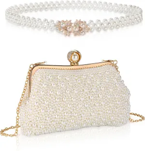 CHIC DIARY 2PCS Pearl Clutch Purse Beaded Belts for Women Bridal Wedding Handbag Faux Pearl Bag Belt Evening Party Set