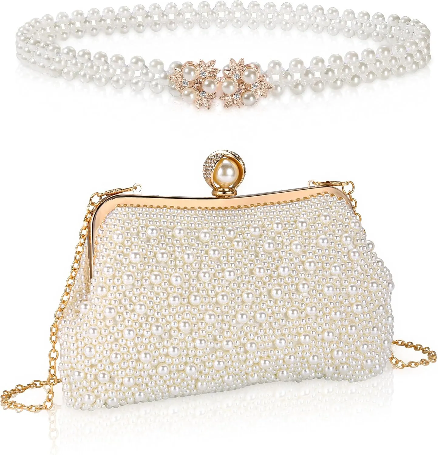 CHIC DIARY 2PCS Pearl Clutch Purse Beaded Belts for Women Bridal Wedding Handbag Faux Pearl Bag Belt Evening Party Set