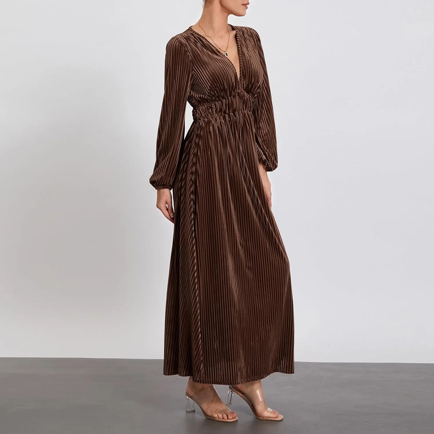 Chloefairy Women's Long Sleeve Deep V-Neck Zip Up Velvet Maxi Dress Retro Wedding Guest Formal Party Fall Winter Long Dress