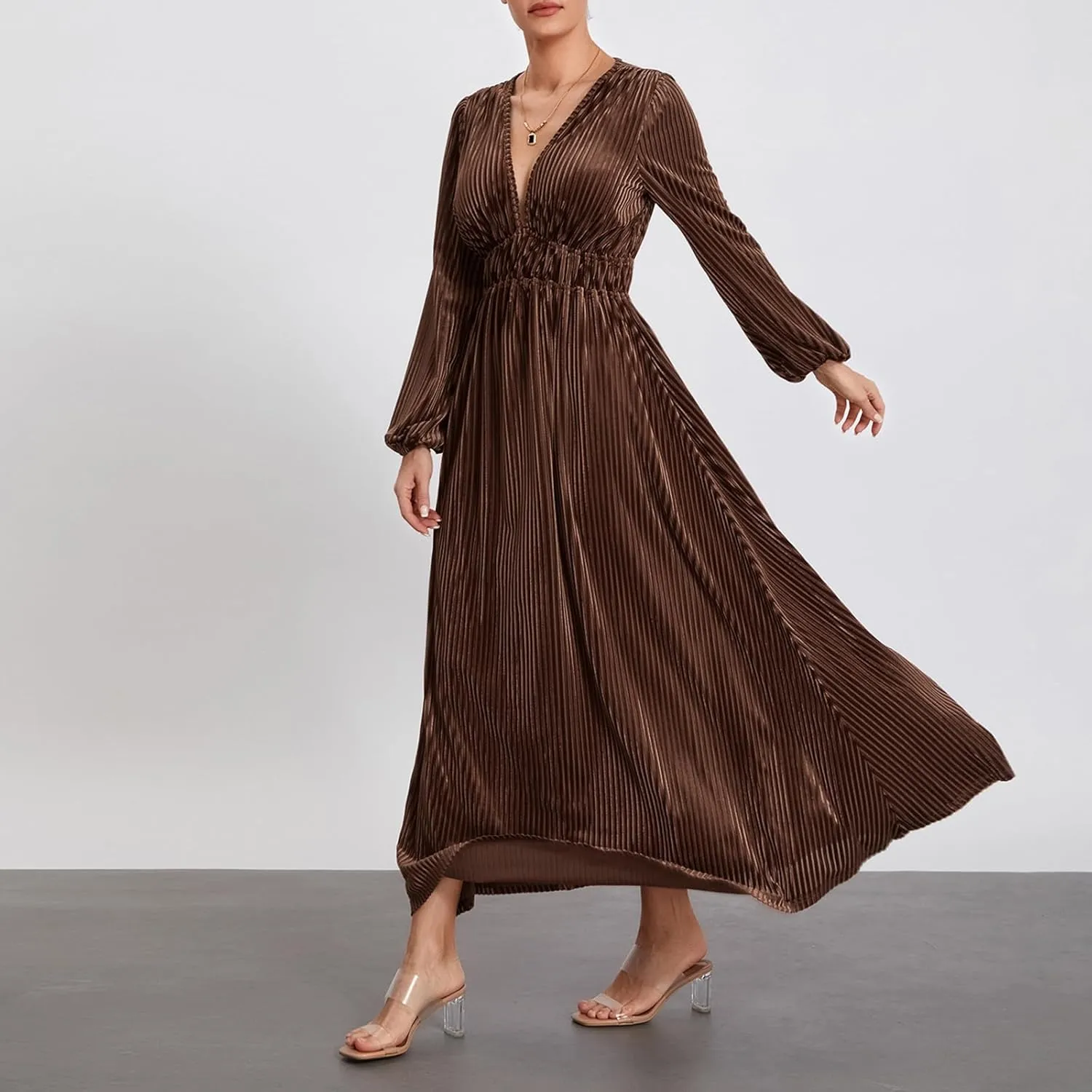 Chloefairy Women's Long Sleeve Deep V-Neck Zip Up Velvet Maxi Dress Retro Wedding Guest Formal Party Fall Winter Long Dress