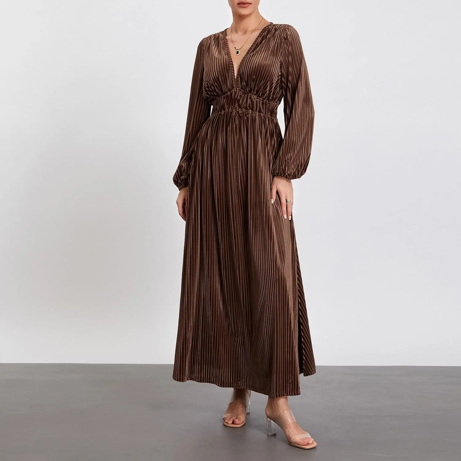 Chloefairy Women's Long Sleeve Deep V-Neck Zip Up Velvet Maxi Dress Retro Wedding Guest Formal Party Fall Winter Long Dress