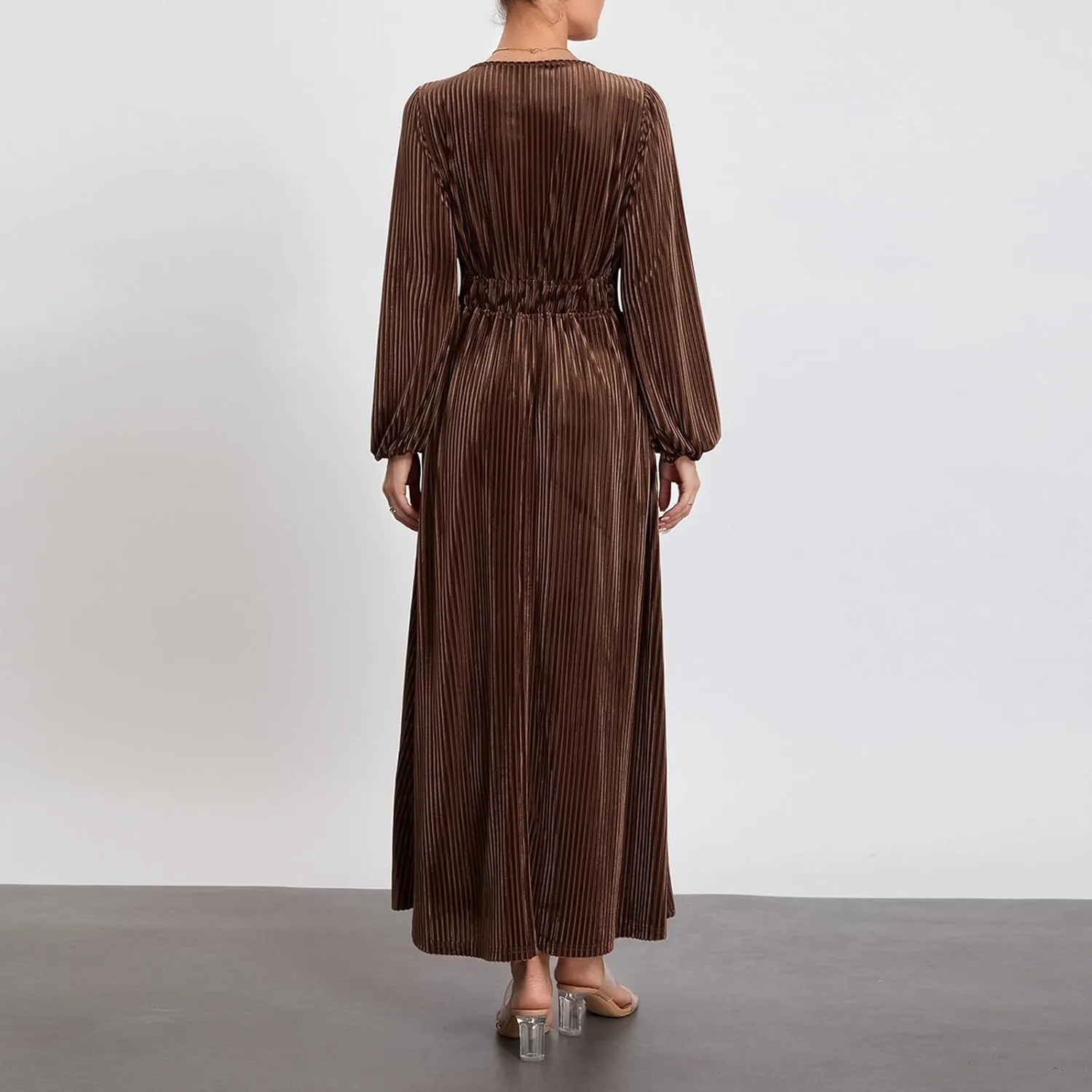 Chloefairy Women's Long Sleeve Deep V-Neck Zip Up Velvet Maxi Dress Retro Wedding Guest Formal Party Fall Winter Long Dress
