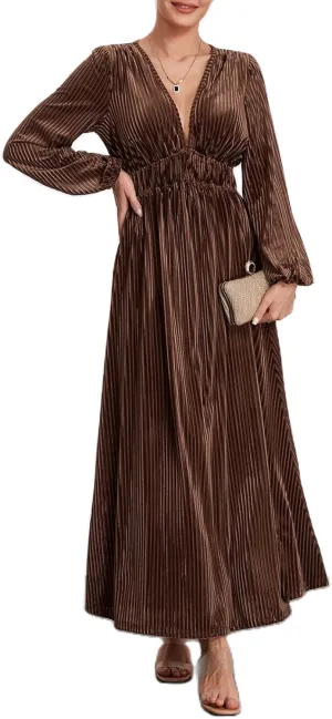 Chloefairy Women's Long Sleeve Deep V-Neck Zip Up Velvet Maxi Dress Retro Wedding Guest Formal Party Fall Winter Long Dress