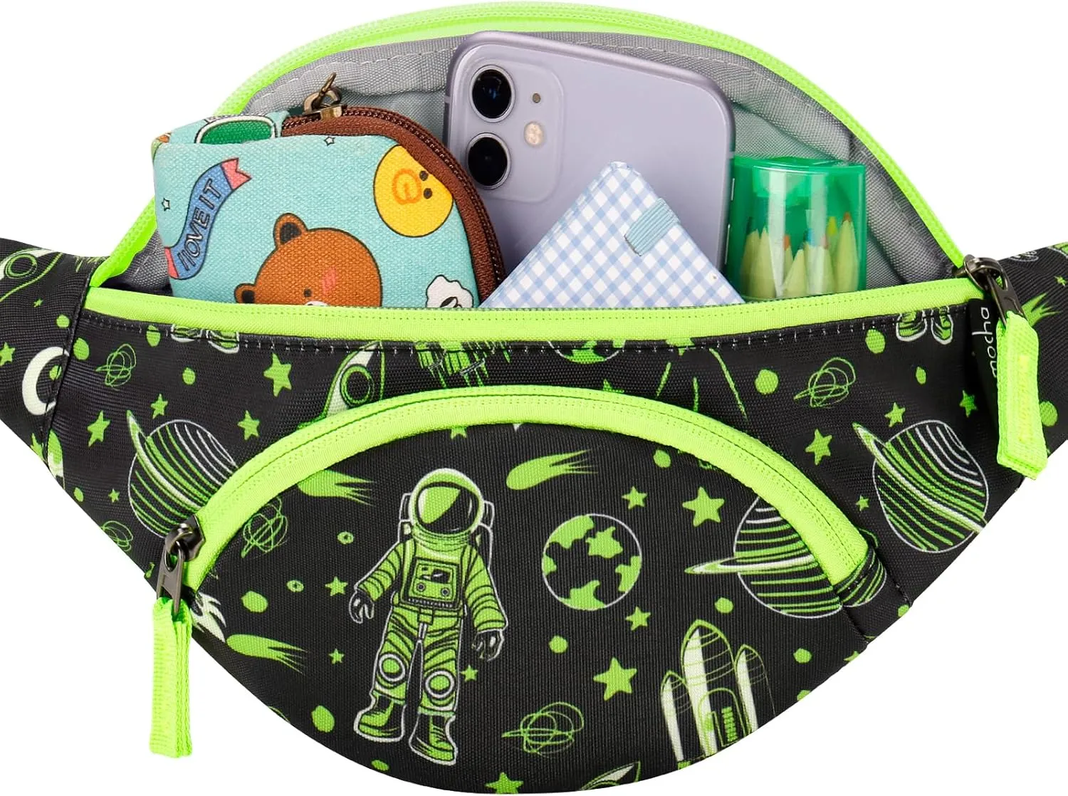 Choco Mocha Kids Fanny Pack Boys Astronaut Toddler Belt Bag 2-4 4-6 Kid Waist Bag Outer for Little Boy age 6-9 8-12 Small Hip Pack Neon Green
