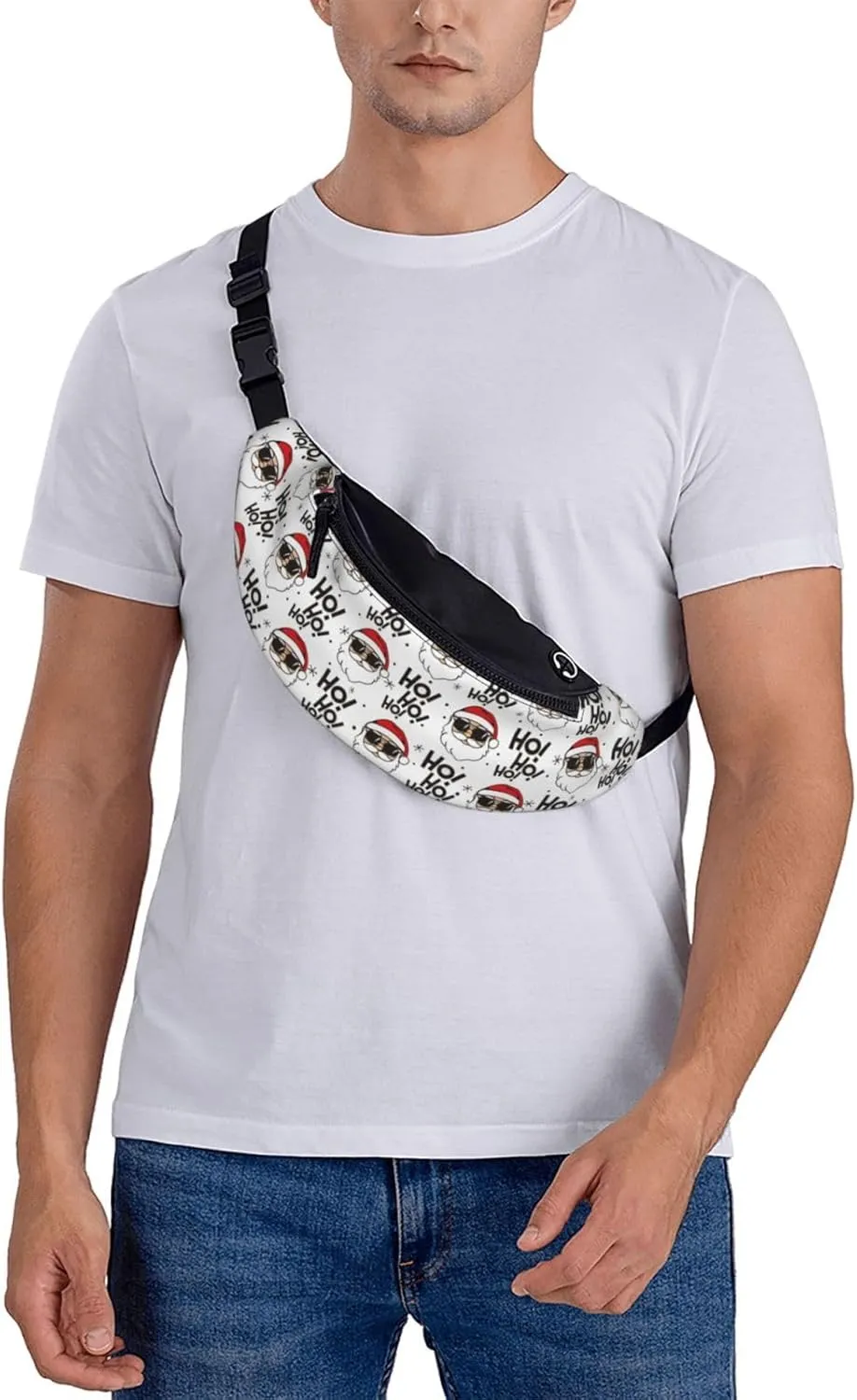 Christmas Santa Claus Pattern Fanny Pack, Black and White Holiday Design, Adjustable Belt