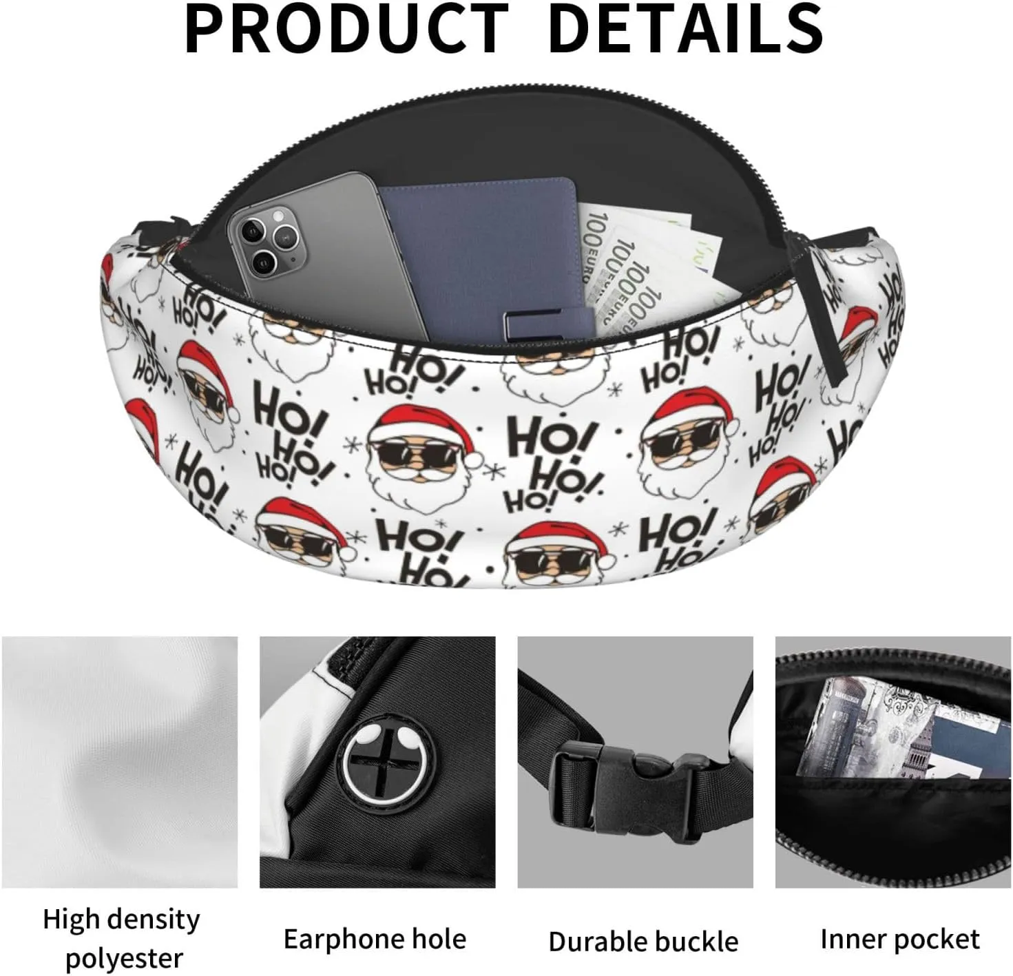 Christmas Santa Claus Pattern Fanny Pack, Black and White Holiday Design, Adjustable Belt