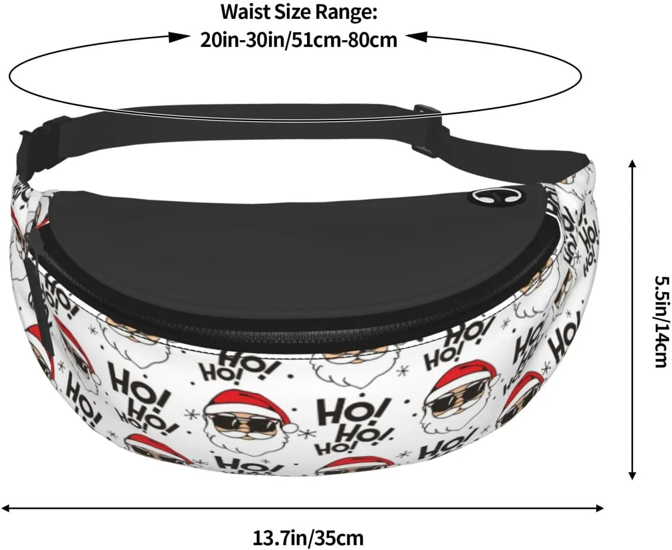 Christmas Santa Claus Pattern Fanny Pack, Black and White Holiday Design, Adjustable Belt
