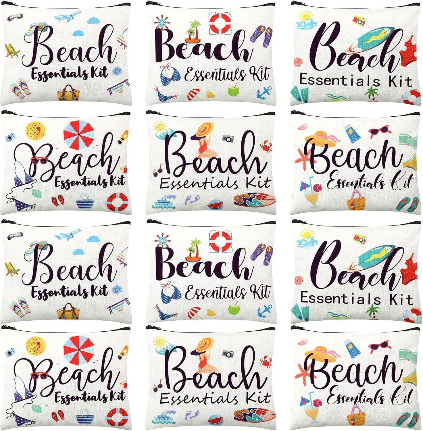 Chunful 12 Pcs Makeup Bag Summer Themes Cosmetic Bag Bulk Portable Essentials Kit Survival Kit Flamingo Palm Leaves Cosmetic Pouch with Zipper for Women Travel Accessories(Beach)