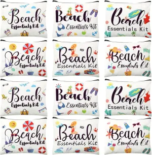 Chunful 12 Pcs Makeup Bag Summer Themes Cosmetic Bag Bulk Portable Essentials Kit Survival Kit Flamingo Palm Leaves Cosmetic Pouch with Zipper for Women Travel Accessories(Beach)