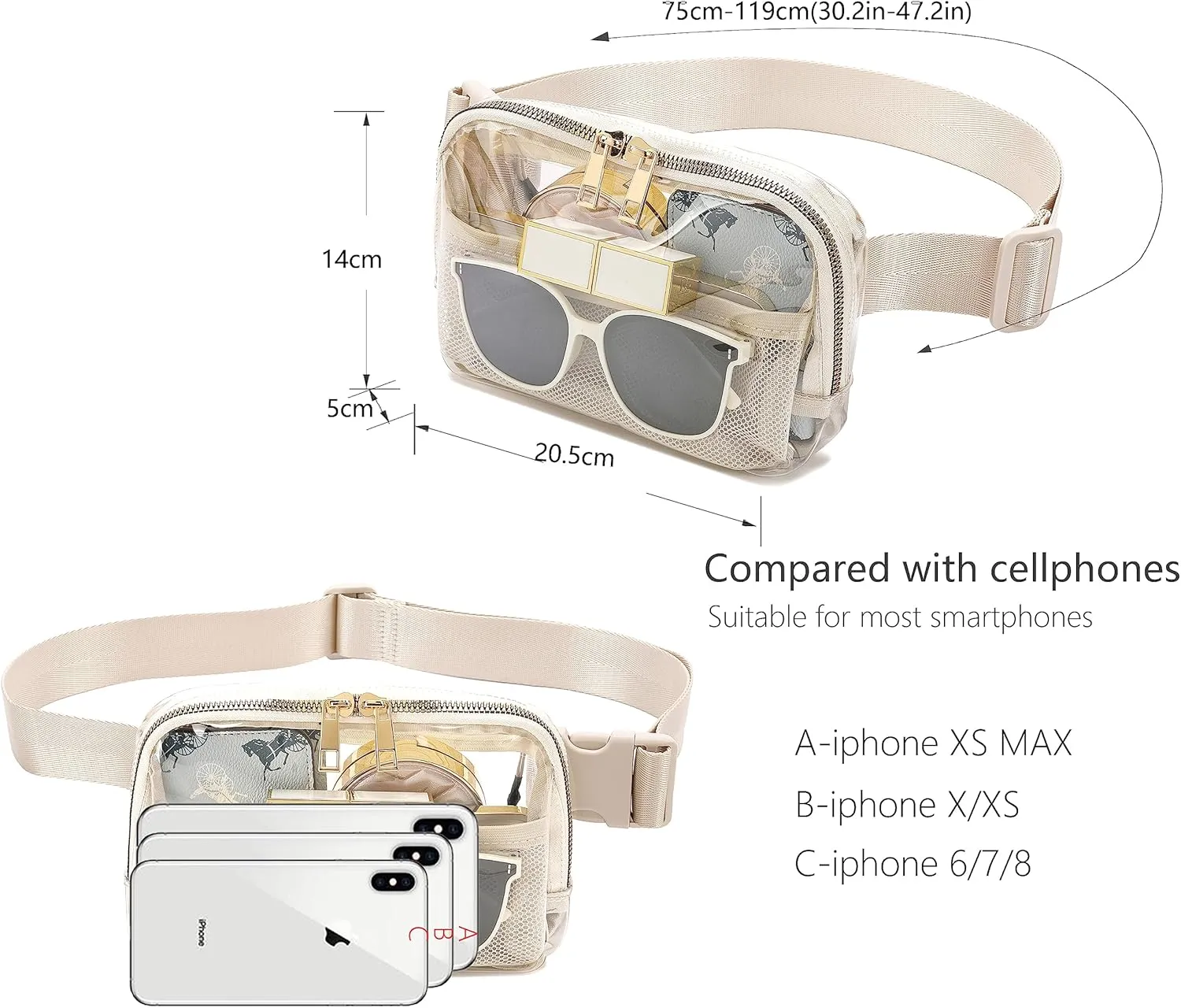 Clear Belt Bag Clear fanny pack stadium approved for Women Men with Adjustable Strap Clear Crossbody Bag Waist Bag for Concerts Sports Travelling Hiking Running (BEIGE)