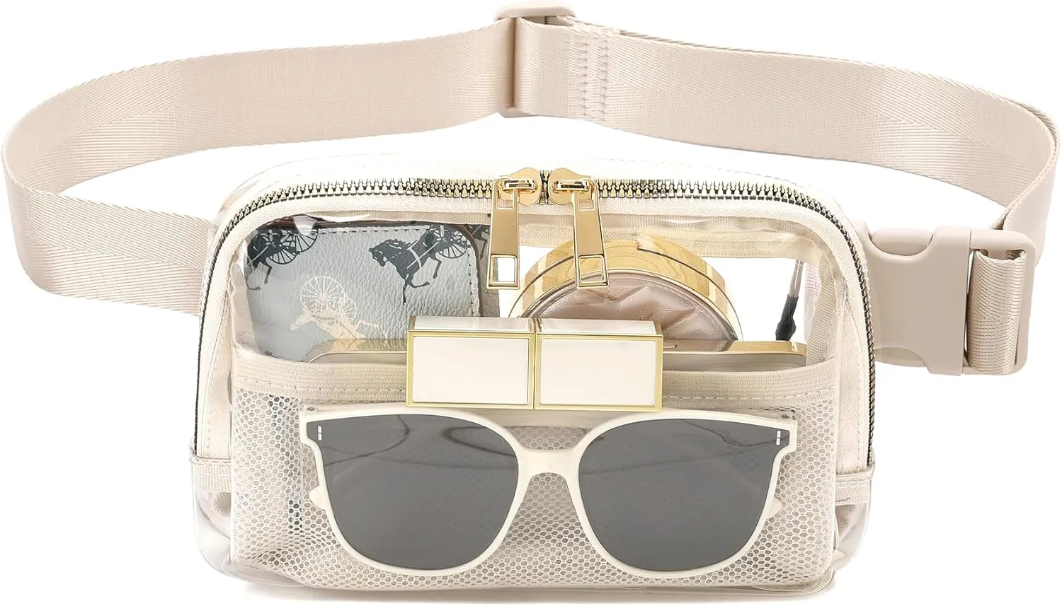 Clear Belt Bag Clear fanny pack stadium approved for Women Men with Adjustable Strap Clear Crossbody Bag Waist Bag for Concerts Sports Travelling Hiking Running (BEIGE)