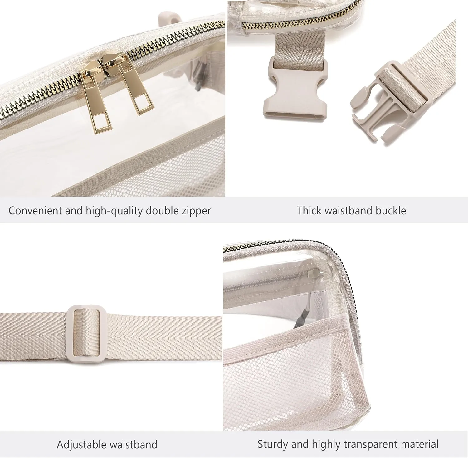 Clear Belt Bag Clear fanny pack stadium approved for Women Men with Adjustable Strap Clear Crossbody Bag Waist Bag for Concerts Sports Travelling Hiking Running (BEIGE)