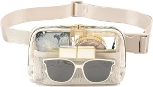 Clear Belt Bag Clear fanny pack stadium approved for Women Men with Adjustable Strap Clear Crossbody Bag Waist Bag for Concerts Sports Travelling Hiking Running (BEIGE)