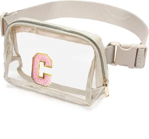 Clear Belt Bag Initial Letter Patch Clear fanny pack stadium approved for Women and Girl,Clear Crossbody Bag Waist Bag for Concerts Sports Travelling Hiking Running (C)