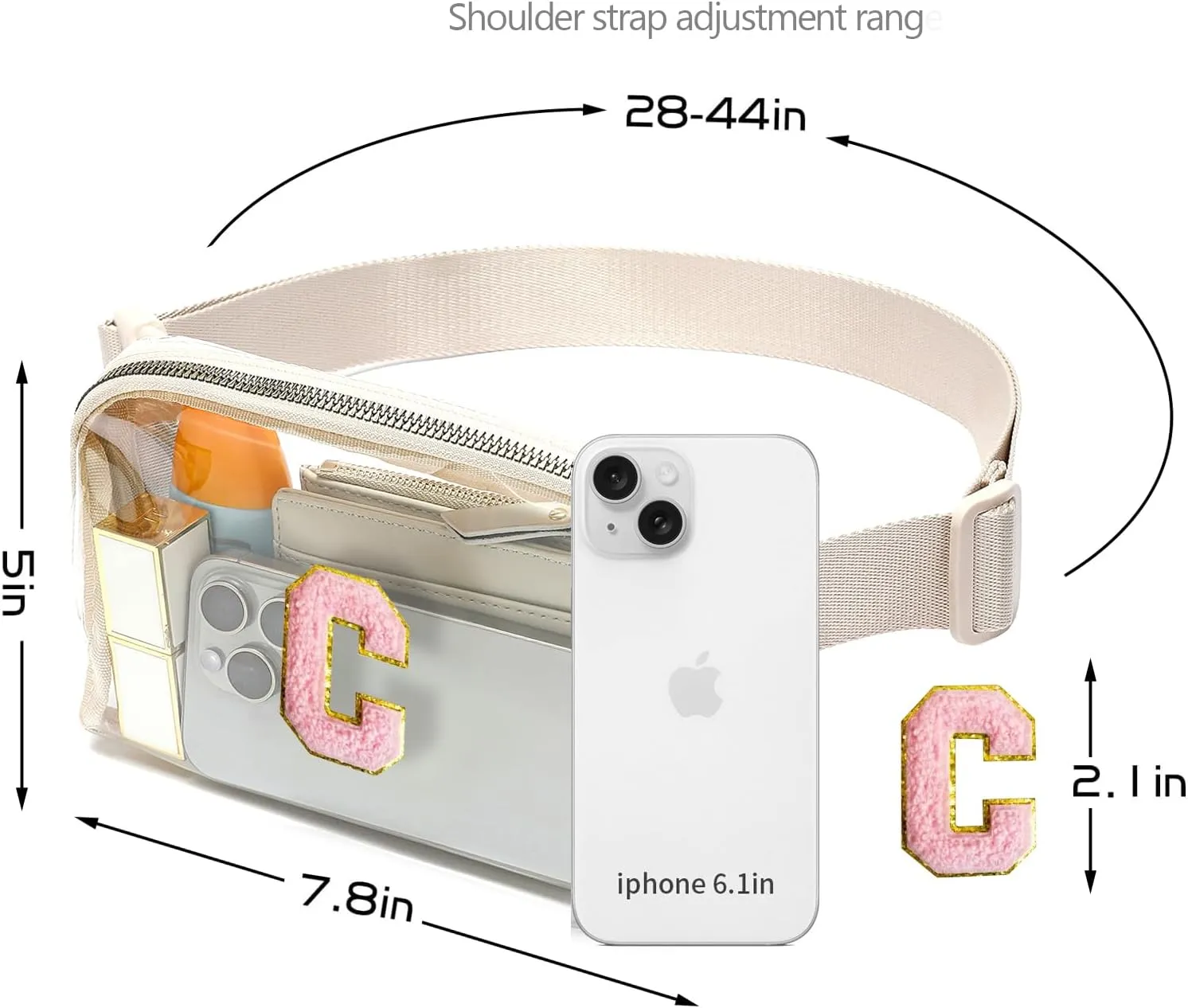Clear Belt Bag Initial Letter Patch Clear fanny pack stadium approved for Women and Girl,Clear Crossbody Bag Waist Bag for Concerts Sports Travelling Hiking Running (C)