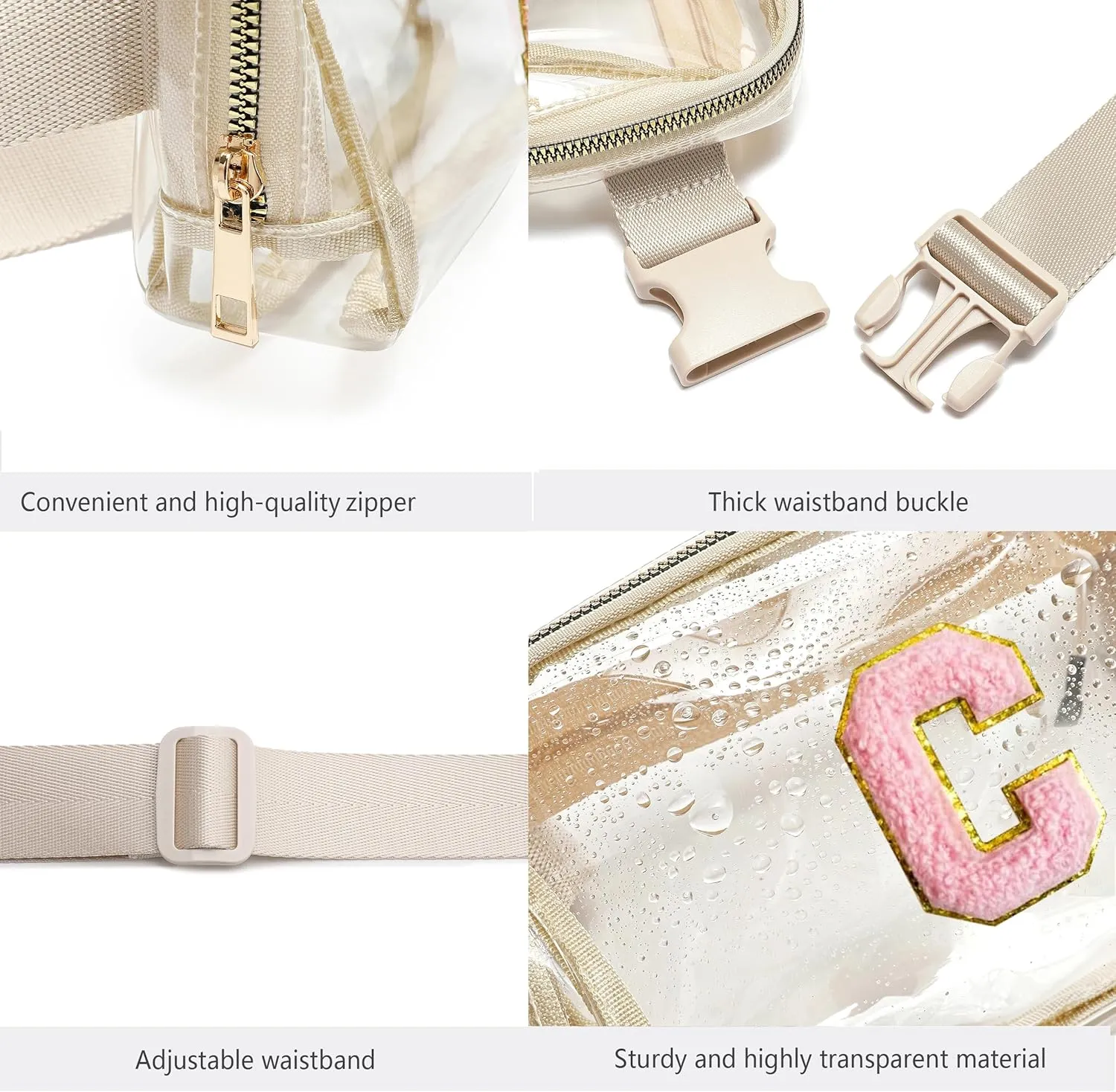 Clear Belt Bag Initial Letter Patch Clear fanny pack stadium approved for Women and Girl,Clear Crossbody Bag Waist Bag for Concerts Sports Travelling Hiking Running (C)