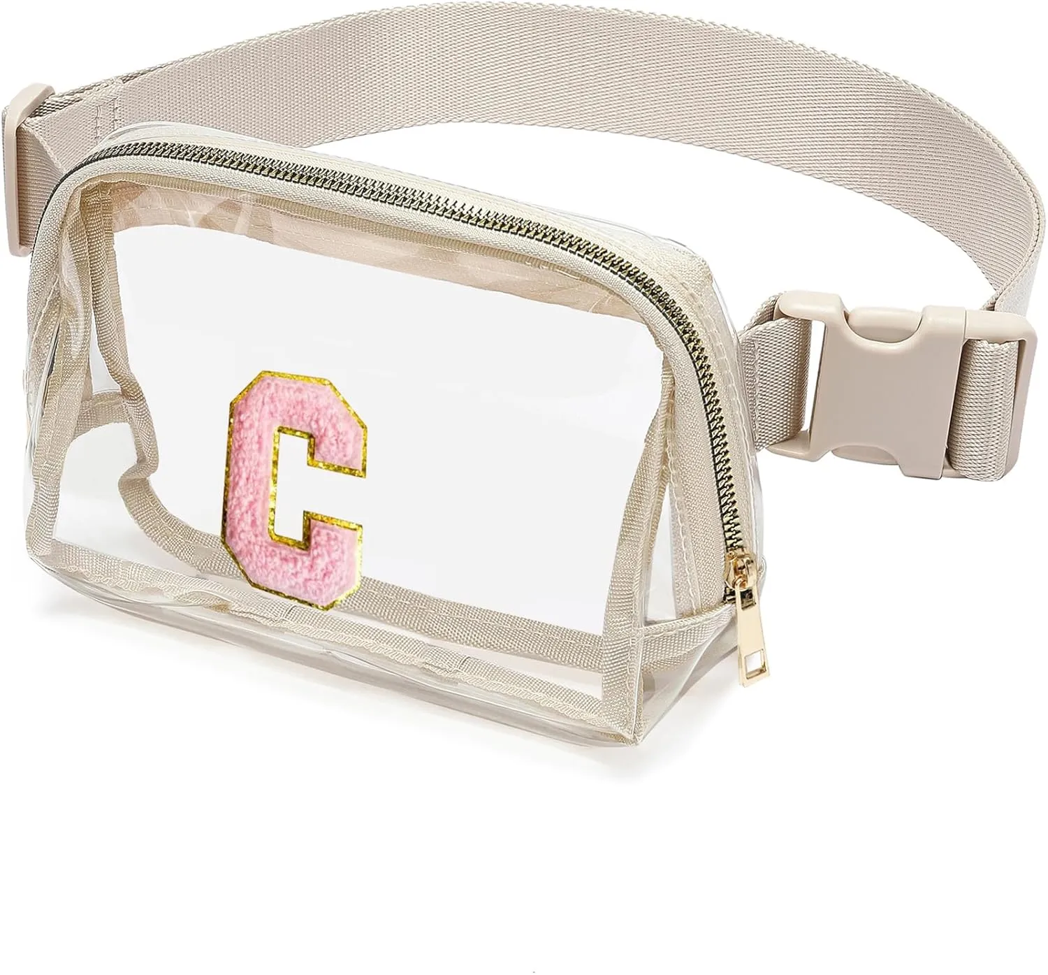Clear Belt Bag Initial Letter Patch Clear fanny pack stadium approved for Women and Girl,Clear Crossbody Bag Waist Bag for Concerts Sports Travelling Hiking Running (C)