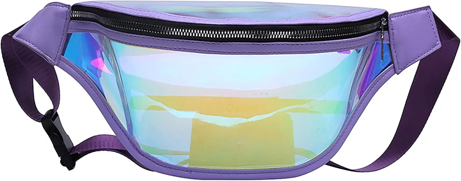 Clear Holographic Fanny Pack Shiny Belt Bag Waterproof Travel Waist Packs with Adjustable Belt for Women Men Girls (Purple)