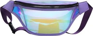 Clear Holographic Fanny Pack Shiny Belt Bag Waterproof Travel Waist Packs with Adjustable Belt for Women Men Girls (Purple)