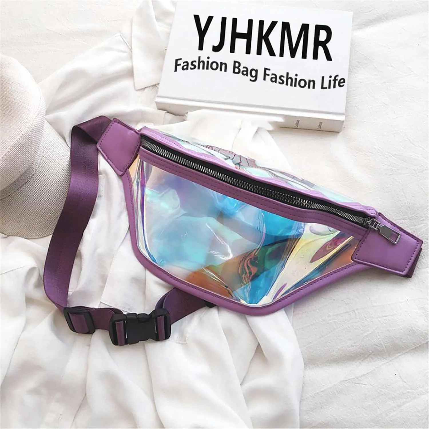Clear Holographic Fanny Pack Shiny Belt Bag Waterproof Travel Waist Packs with Adjustable Belt for Women Men Girls (Purple)