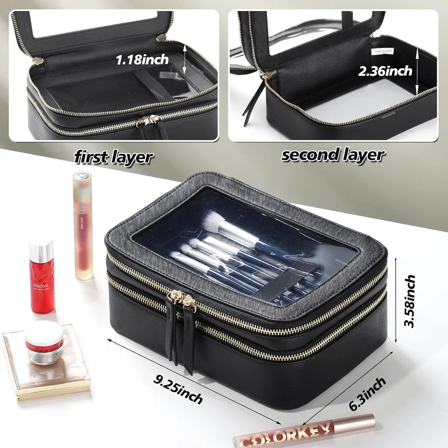 Clear Makeup Bags Travel Toiletry Bag, Clear Make Up Bag Cosmetic Bag, Portable Makeup Bag Zipper Pouch Travel Cosmetic Organizer Storage Bag (Black)
