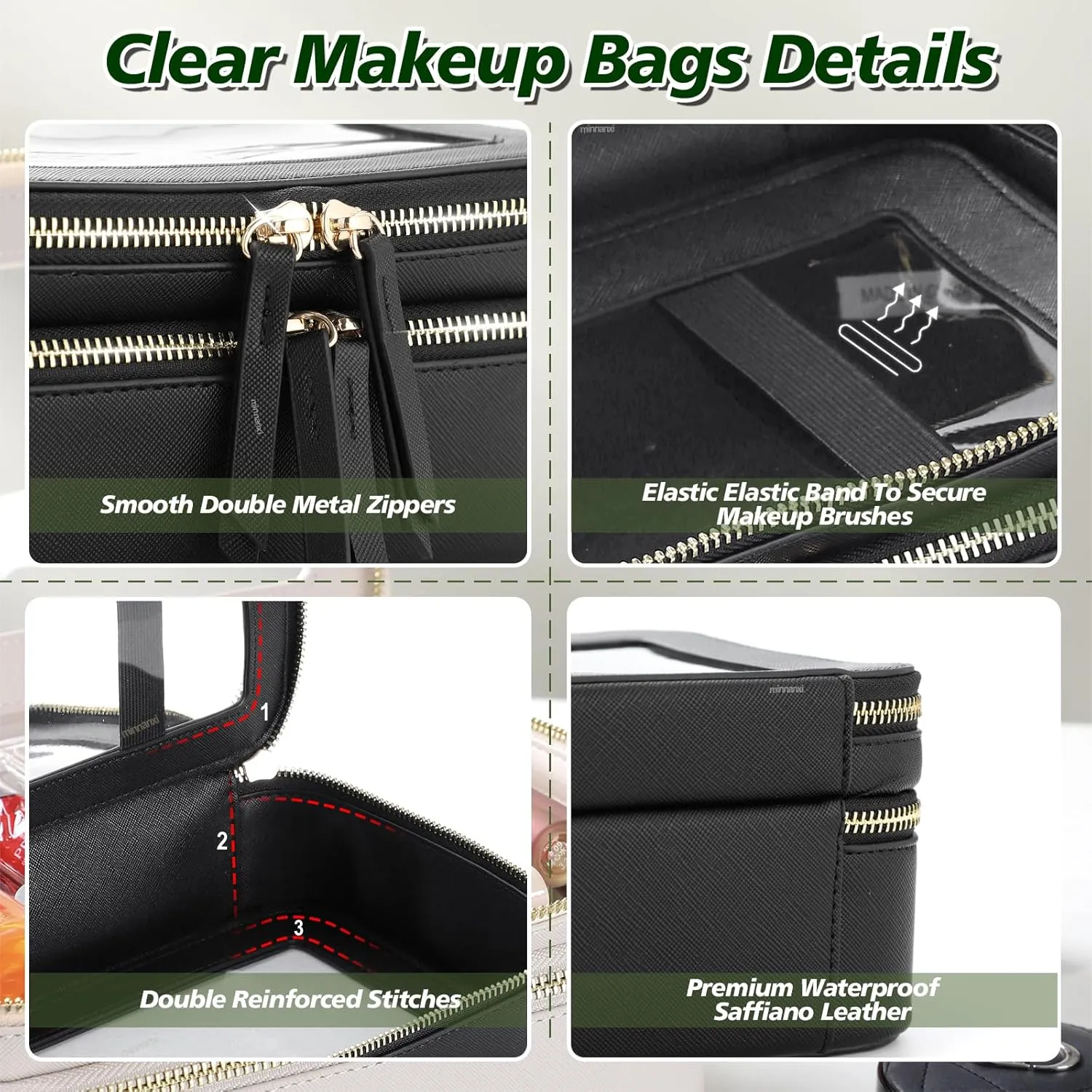 Clear Makeup Bags Travel Toiletry Bag, Clear Make Up Bag Cosmetic Bag, Portable Makeup Bag Zipper Pouch Travel Cosmetic Organizer Storage Bag (Black)