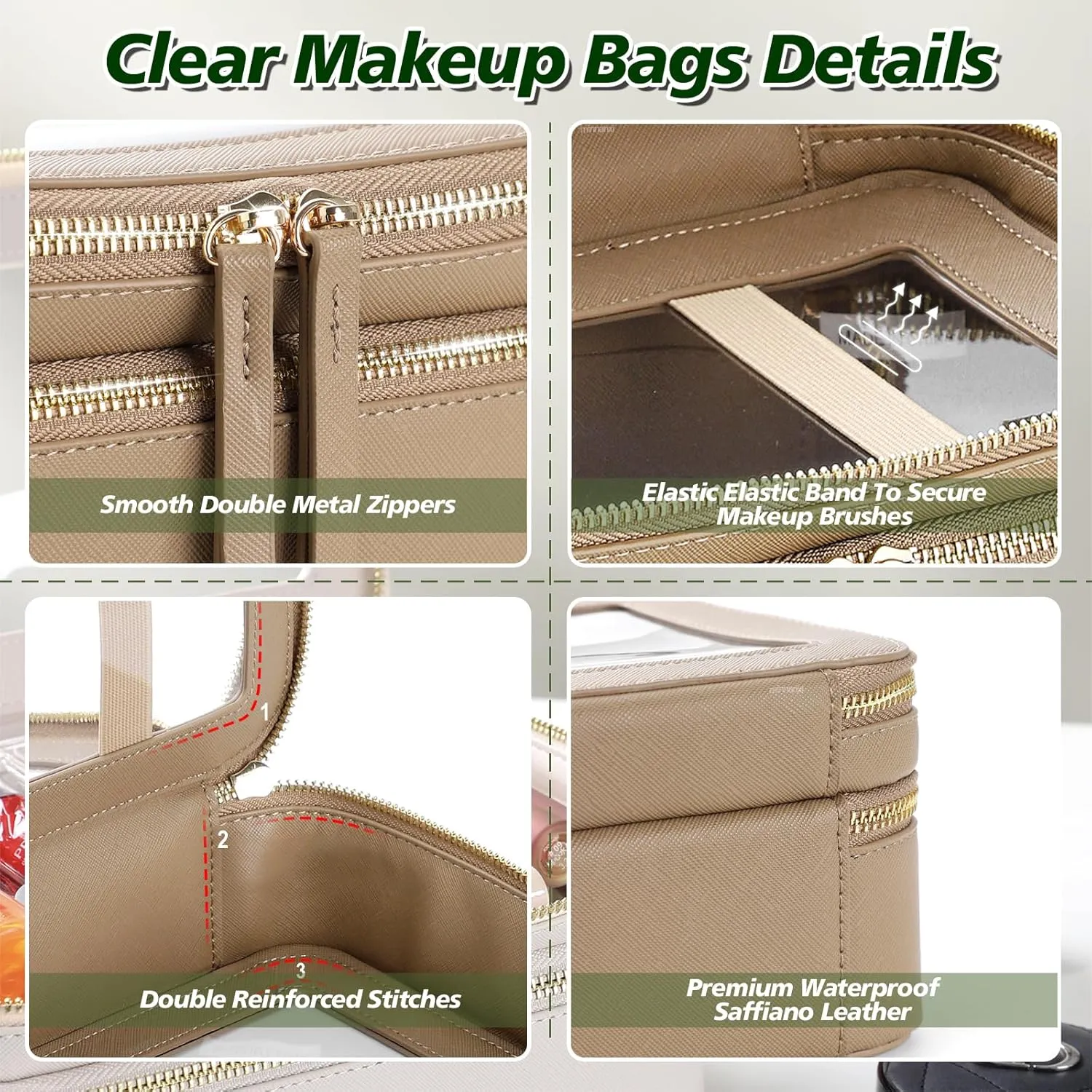 Clear Makeup Bags Travel Toiletry Bag, Clear Make Up Bag Cosmetic Bag, Portable Makeup Bag Zipper Pouch Travel Cosmetic Organizer Storage Bag (Khaki)