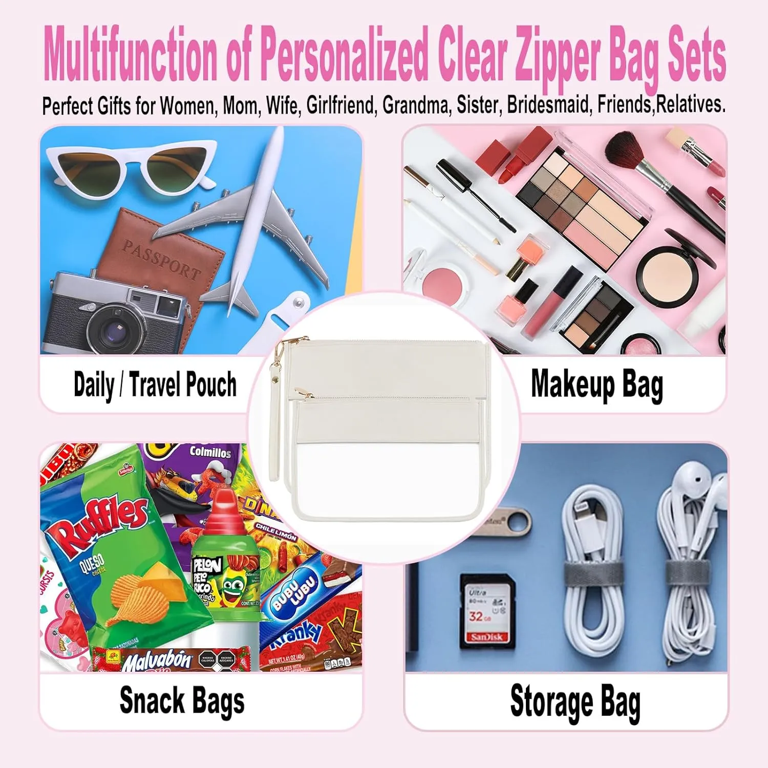 Clear Monogram Snacks Travel Essentials Cosmetic Brush Set(2pcs Glitter Chenille Beige-Plain) With Flat Zipper Pouch