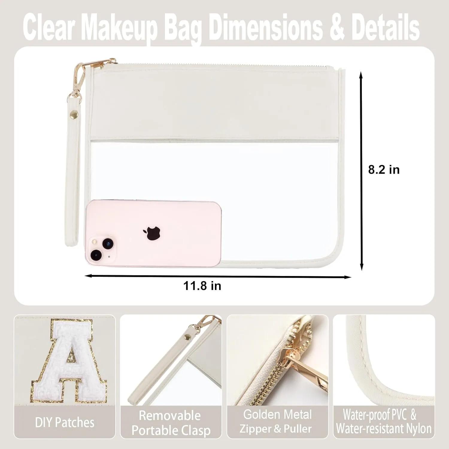 Clear Monogram Snacks Travel Essentials Cosmetic Brush Set(2pcs Glitter Chenille Beige-Plain) With Flat Zipper Pouch