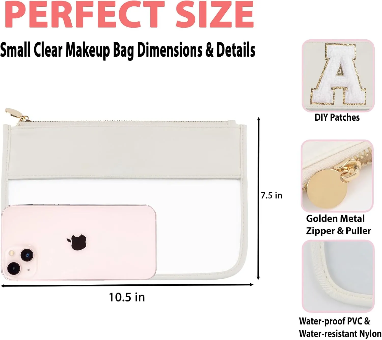 Clear Monogram Snacks Travel Essentials Cosmetic Brush Set(2pcs Glitter Chenille Beige-Plain) With Flat Zipper Pouch