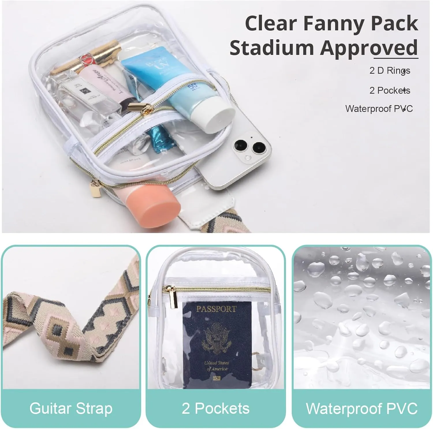 Clear Sling Bag - Stadium Approved Fanny Pack for Women & Men - Transparent Crossbody Bag with Adjustable Guitar Straps for Sports, Beach, Events, Concerts, Festivals
