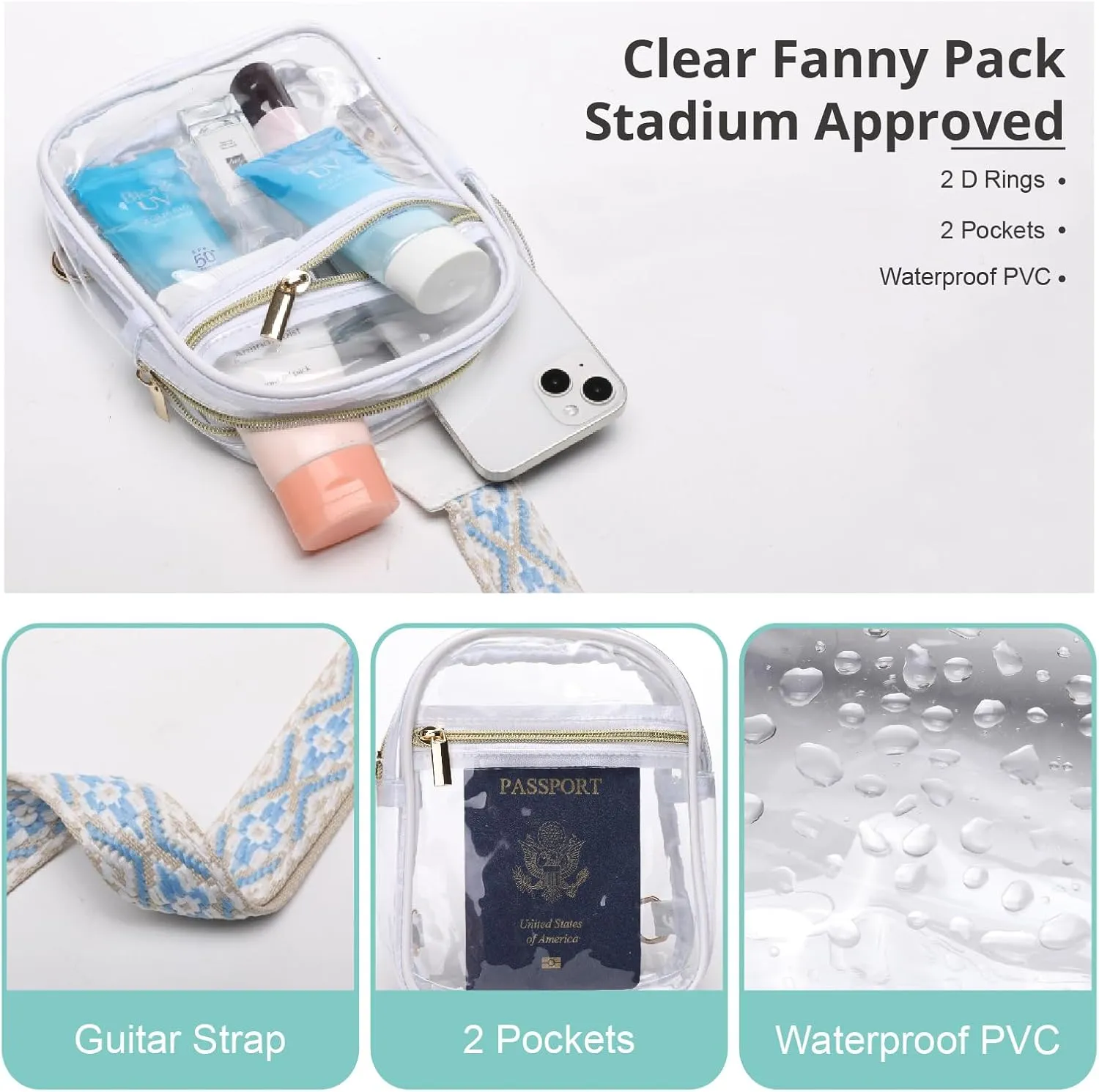 Clear Sling Bag - Stadium Approved Fanny Pack for Women & Men - Transparent Crossbody Bag with Adjustable Guitar Straps for Sports, Beach, Events, Concerts, Festivals