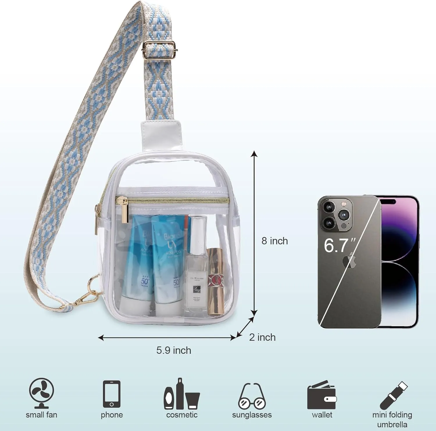 Clear Sling Bag - Stadium Approved Fanny Pack for Women & Men - Transparent Crossbody Bag with Adjustable Guitar Straps for Sports, Beach, Events, Concerts, Festivals