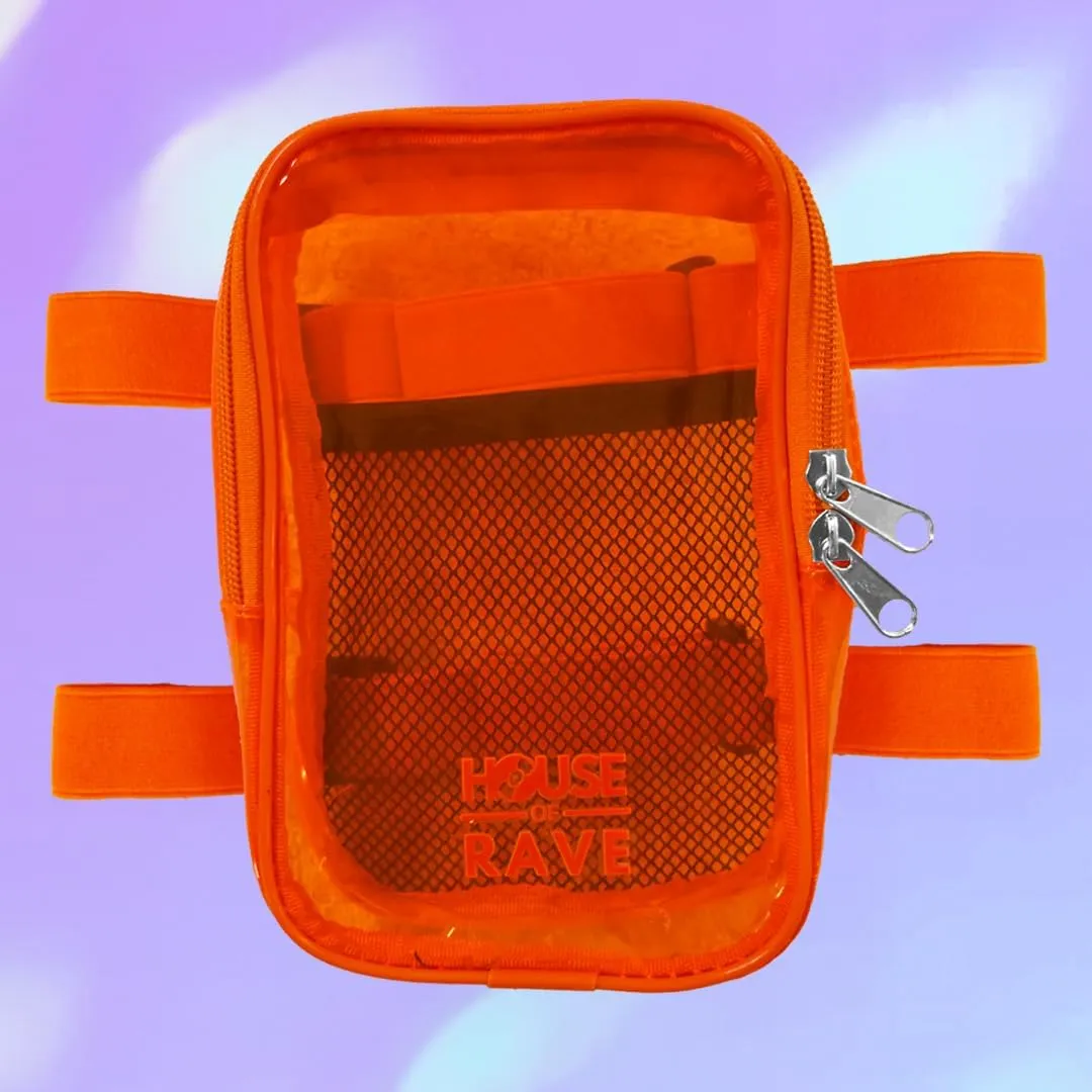 Clear Thigh Bag - Carnival Bag - Neon Thigh Bag w/Mesh Pocket & Double Zipper - Rave Bag for Women - Jelly Phone Holder Bag (Orange)