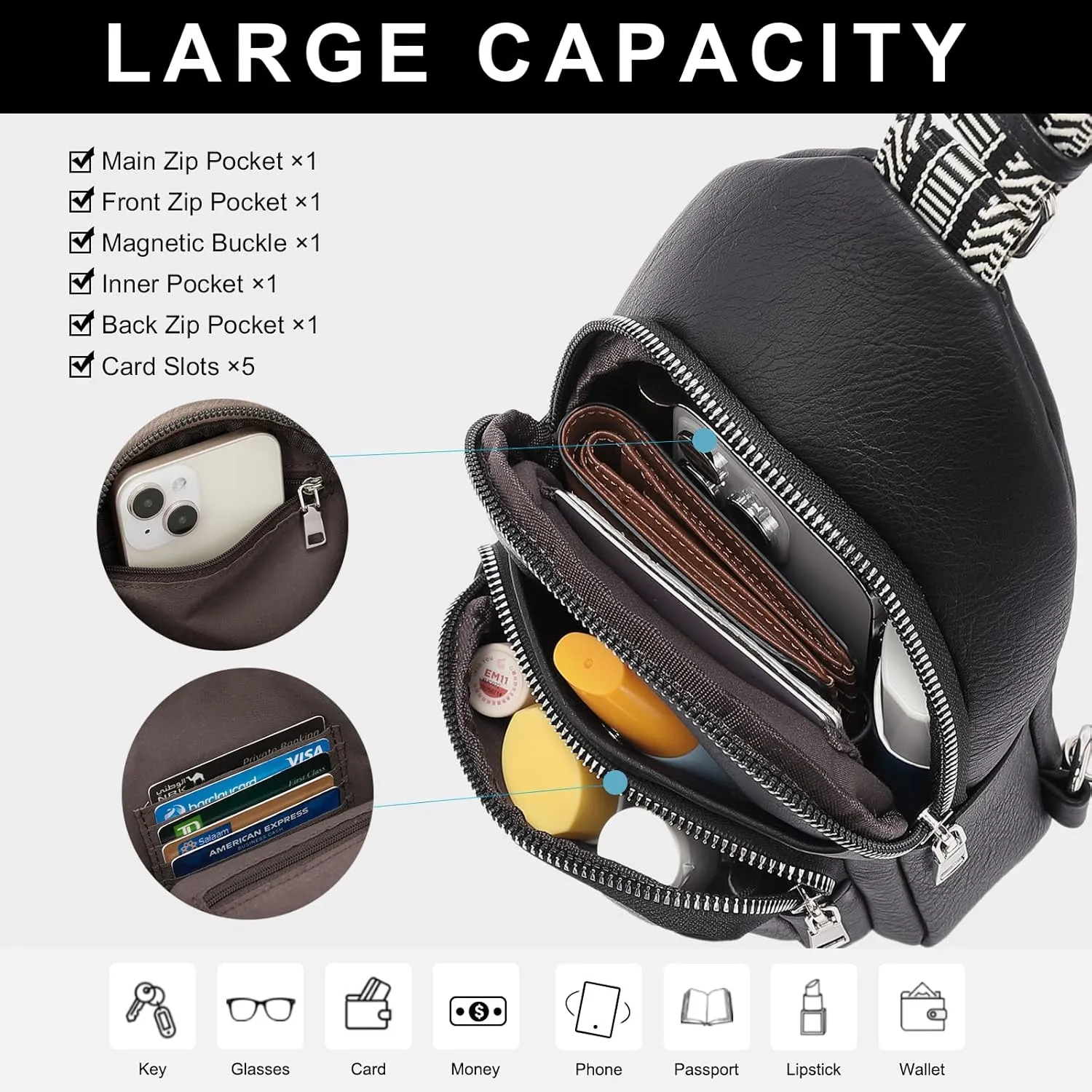 CLUCI Small Sling Bag for Women, Vegan Leather Fanny Pack Crossbody Bags for Women, Chest Bag With Guitar Strap