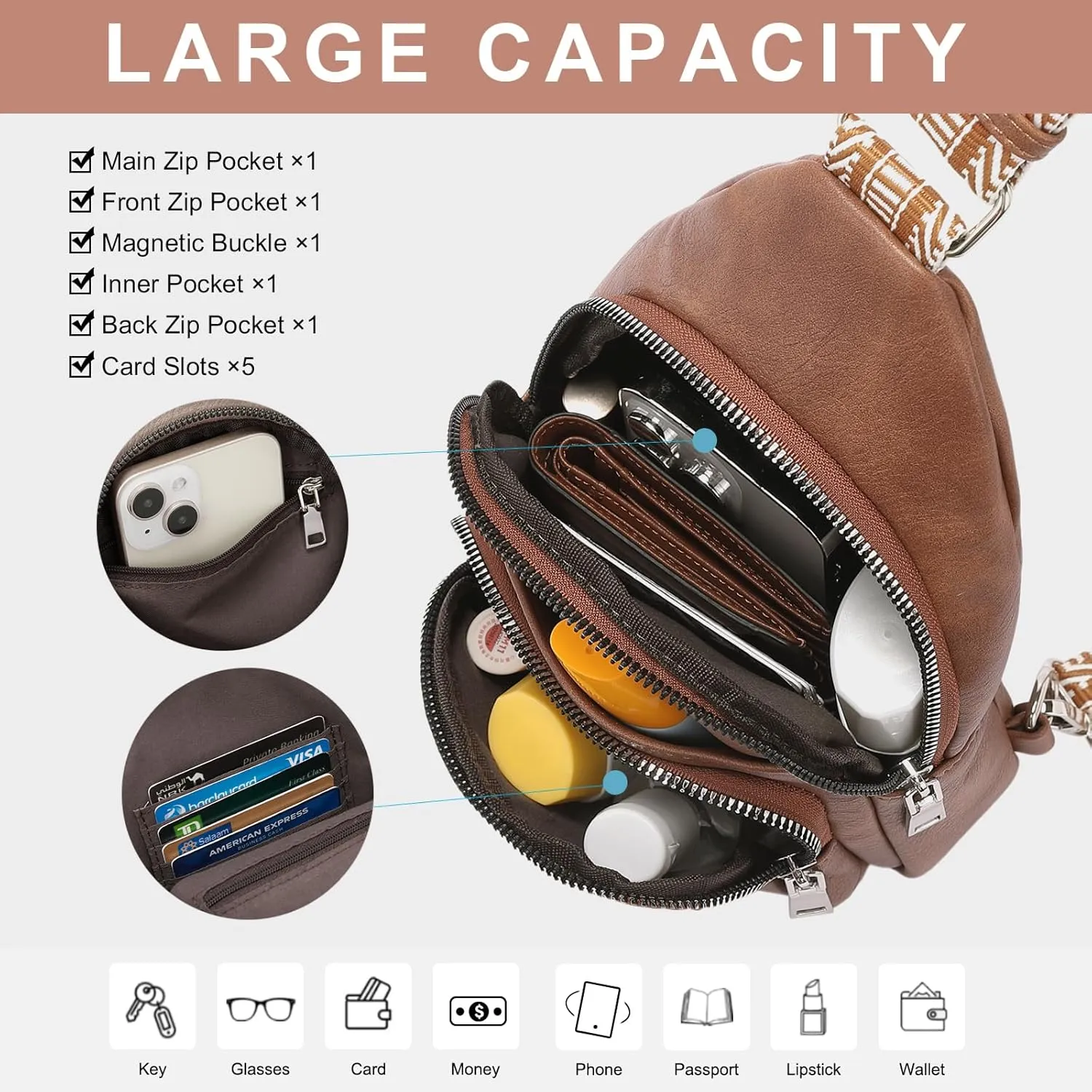 CLUCI Small Sling Bag for Women, Vegan Leather Fanny Pack Crossbody Bags for Women, Chest Bag With Guitar Strap