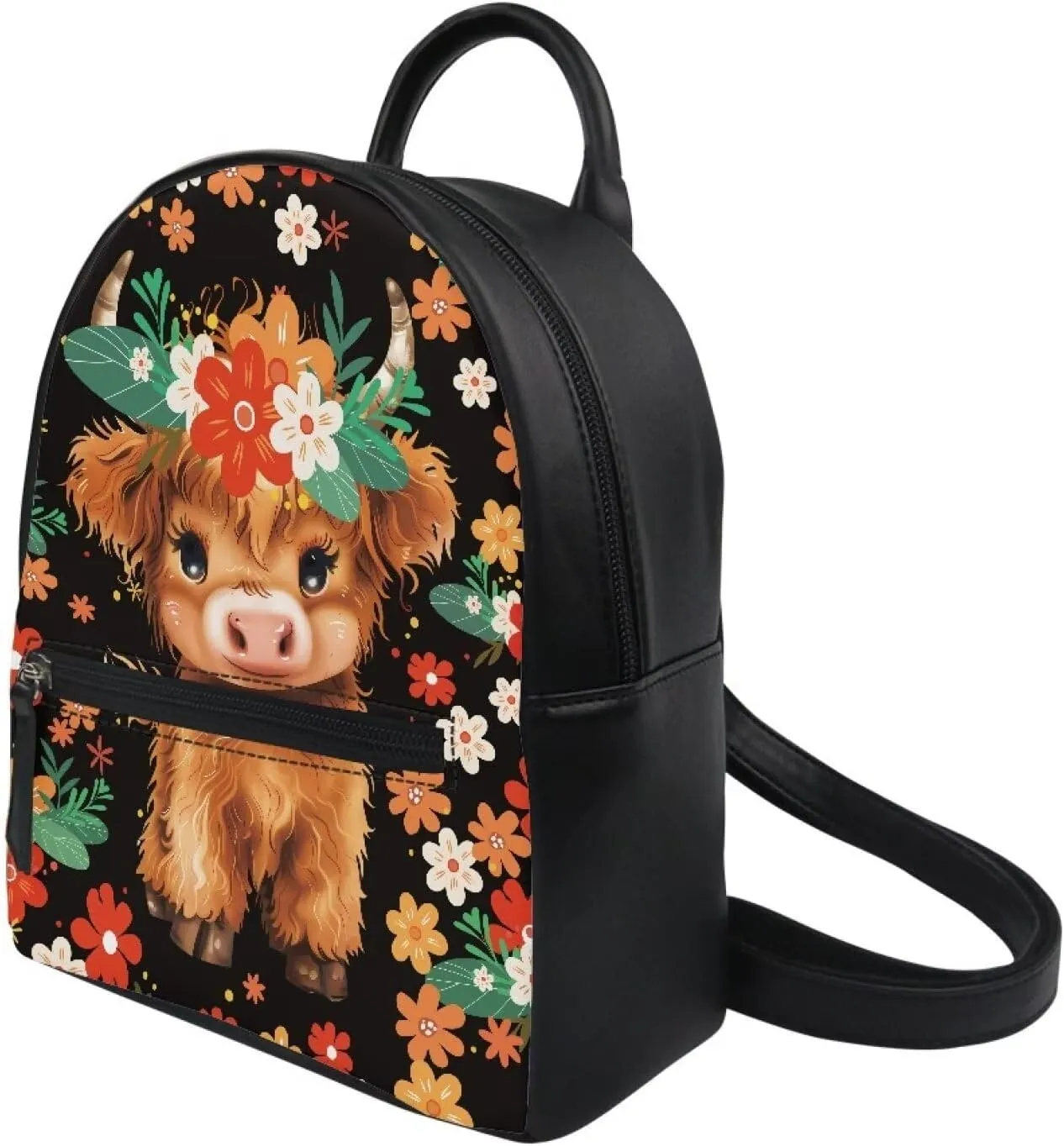 COEQINE Highland Cow Mini Backpack for Women Leather Tote Shoulder Bag with Front Zipper Bookbag for Travel Portable Shopping Bag Handbag with Handles