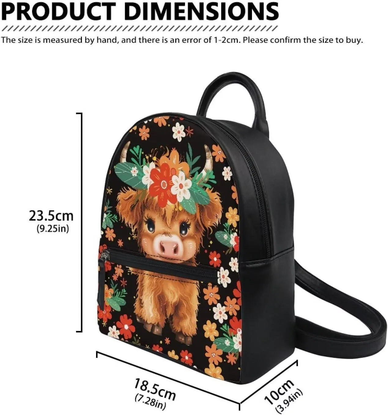 COEQINE Highland Cow Mini Backpack for Women Leather Tote Shoulder Bag with Front Zipper Bookbag for Travel Portable Shopping Bag Handbag with Handles