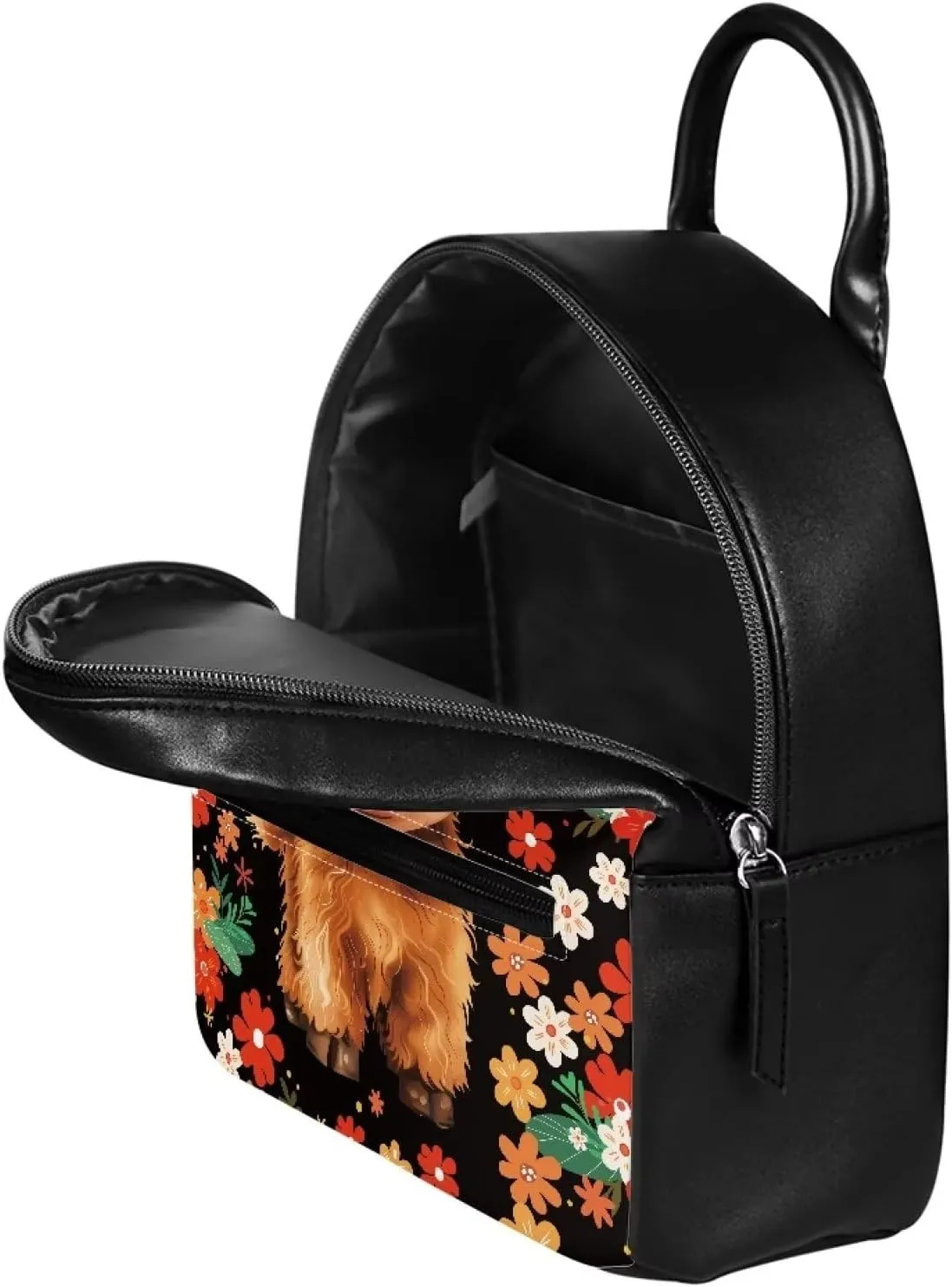 COEQINE Highland Cow Mini Backpack for Women Leather Tote Shoulder Bag with Front Zipper Bookbag for Travel Portable Shopping Bag Handbag with Handles