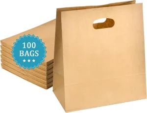 COGLARING 100Pcs 11x6x11 Brown Kraft Paper Bags with Handles, Die Cut Tote Bulk for Retail Shopping Takeout Bakery Gift Bags