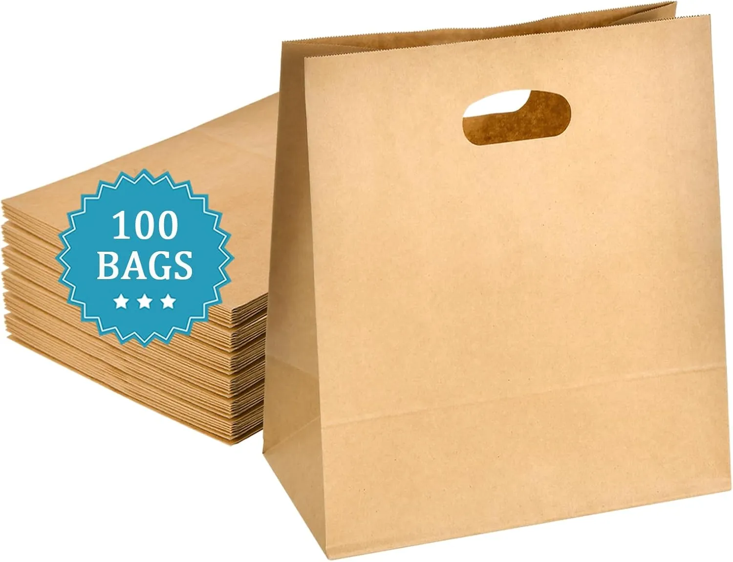 COGLARING 100Pcs 11x6x11 Brown Kraft Paper Bags with Handles, Die Cut Tote Bulk for Retail Shopping Takeout Bakery Gift Bags